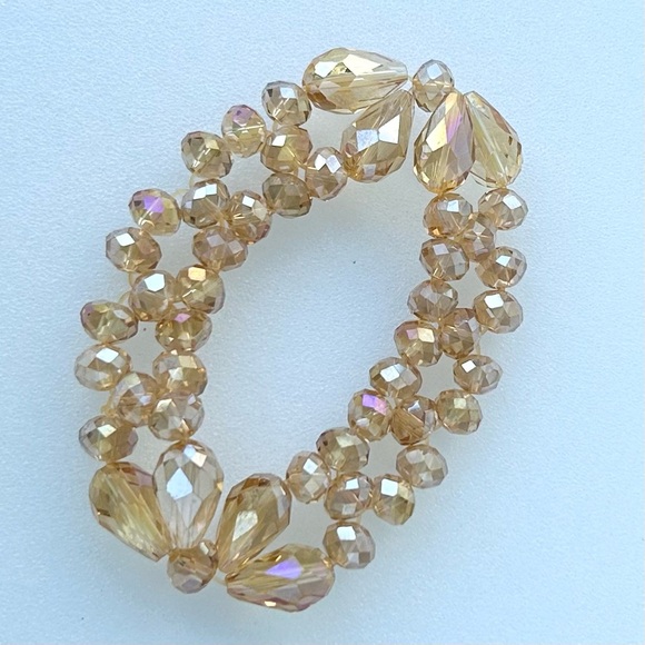 Champagne Colored Faceted Round and Briolette Glass Bead Stretch Bracelet 7” - Picture 2 of 5